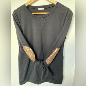 12 pm by Mona Mi Sweatshit with gold sequin elbow patch. Size medium.